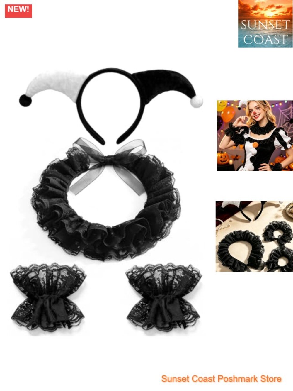 Clown Collar Cuffs Set Jester Headband Gothic Halloween Costume Accessories